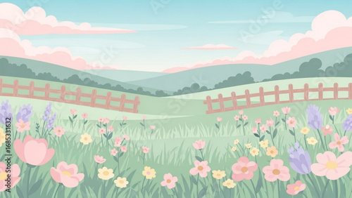 Pastel meadow stretches across rolling hills under a soft, pinktinged sky, creating a peaceful and serene spring landscape scene.