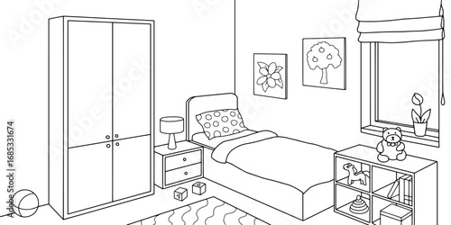 Children room graphic black white home interior sketch illustration vector 