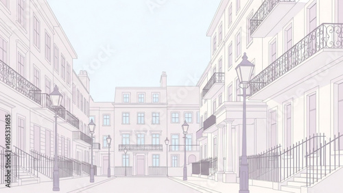 Victorian townhouses line a quiet London street on a foggy morning, creating a serene and historical atmosphere.