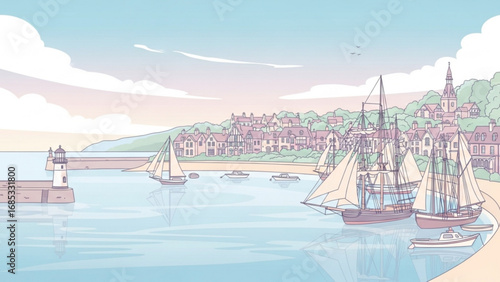 Sailboats rest peacefully in the harbor of a quaint coastal town during a serene pastelcolored morning, evoking a sense of tranquility and nostalgia.