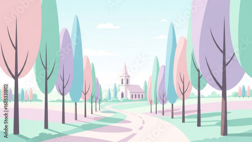 Peaceful church stands at the end of a winding road lined with pastel trees on a bright spring morning, creating a serene and idyllic scene.