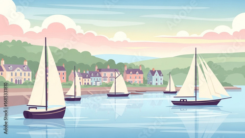 Sailboats gliding across calm bay near coastal town under pastel sky, creating serene and picturesque scene, evoking peaceful and relaxing atmosphere.