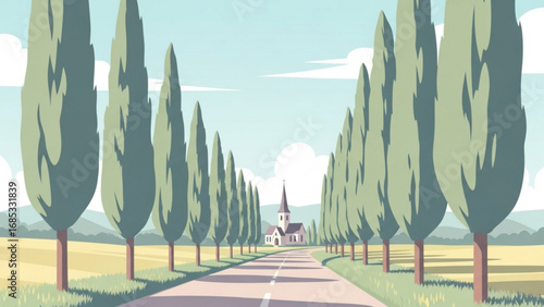 Road stretches towards a small church framed by tall cypress trees under a clear blue sky, evoking a sense of peaceful rural tranquility.