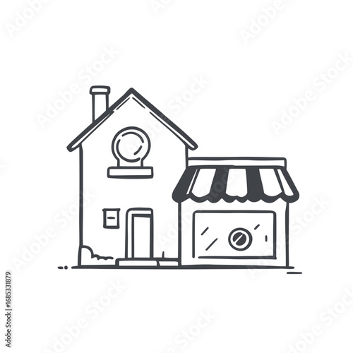 A 3D sketch of a house with a roof and a door, an icon of modern residential architecture and construction