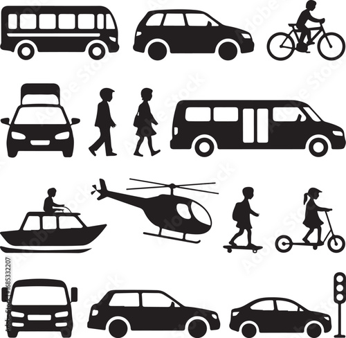 Collection of black silhouette icons representing various modes of transportation and people