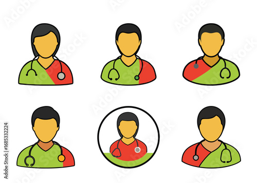 Collection of doctor icons, avatars, or representations of medical professionals