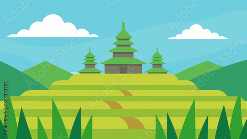 Indonesian Rice Paddies Lush Green Fields Vector Illustration