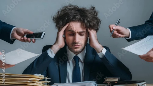 Frustration in the office as documents pile up and distractions increase during a busy workday