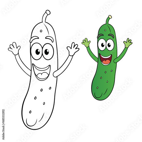 A happy cartoon cucumber with a big smile, raising its hands joyfully, perfect for a fun and playful coloring page for kids to enjoy and brighten their day.
