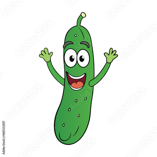 A happy cartoon cucumber joyfully raises its hands, smiling wide, spreading cheer and fun in a playful, colorful, and lively illustration full of positive vibes.
