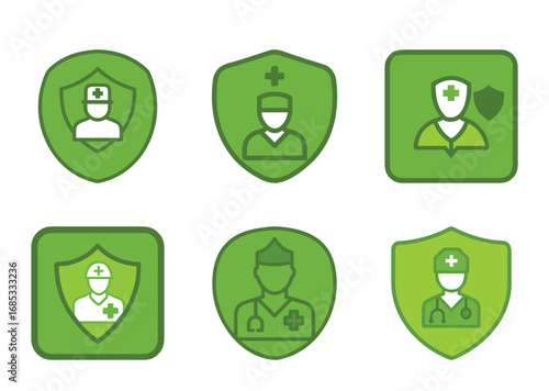 Green healthcare worker shield icons symbolizing protection and safety, medical security