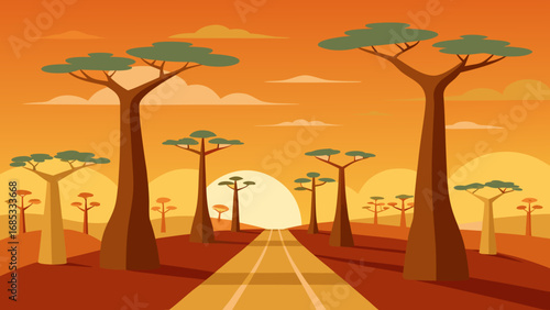Iconic Madagascar Baobab Alley Vector Illustration Unique Tree Landscape
