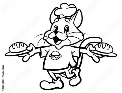A funny cartoon of a cat chef, wearing a chef hat and uniform, carrying two fresh loaves of bread on a plate. This design is perfect for outlines, logos, and coloring books for a bakery