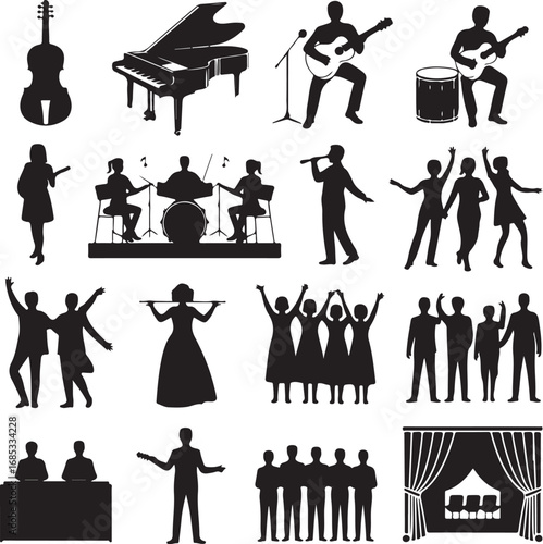 Musicians performing and audience silhouette icons Keywords: music, musicians, band, orchestra