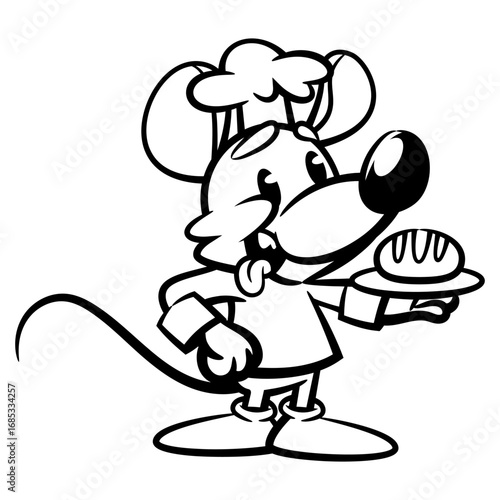 A funny cartoon of a mouse chef wearing a chef hat and uniform, carrying a fresh loaf of bread on a plate. This design is perfect for kids' outlines, logos, and coloring books with a bakery theme