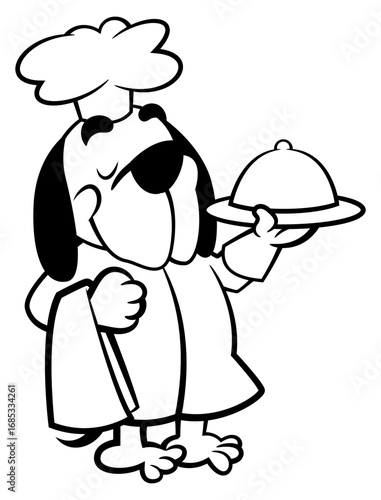 A funny cartoon of a dog chef, wearing a chef hat and uniform, carrying a plate of food with a cloche. This design is perfect for kids' coloring books, logos, and outlines with a restaurant theme