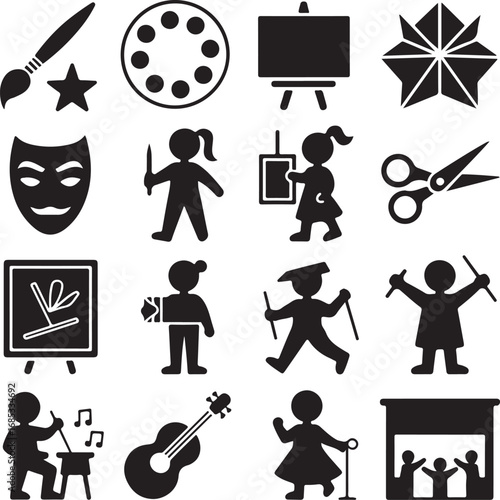 Collection of artistic and performance related icons in silhouette creativity craft