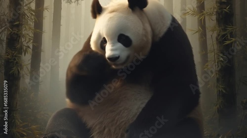A panda eating bamboo in a misty forest
