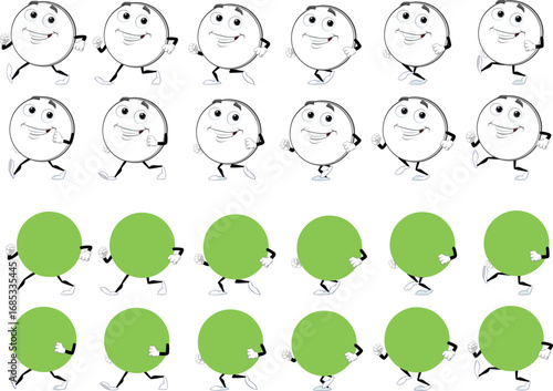 Cartoon Circle walk cycle animation set. 
Smiling cartoon circle character walking loop cycle . 
Vector illustration isolated on white background. 
