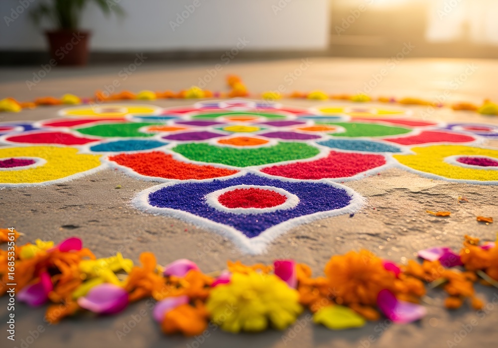 Fototapeta premium An aerial view of a vibrant rangoli with intricate patterns and bright colors, depicting a traditional Indian art form.