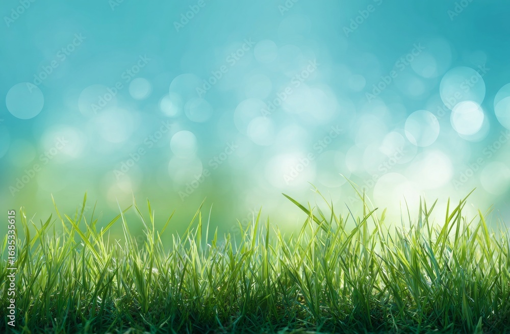 Fototapeta premium Green Grass on Bokeh Background, Spring Meadow.
