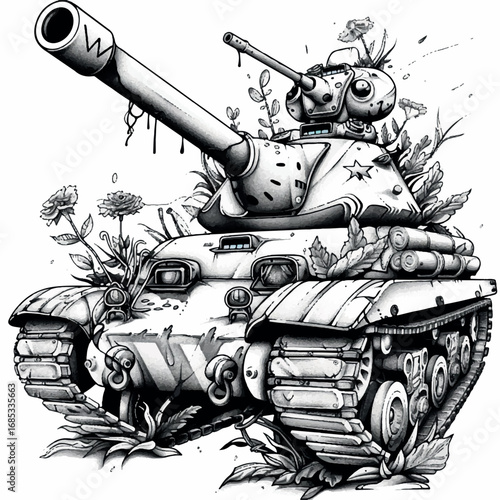 illustration, vector, tank, military, army, war, gun, vehicle, battle, weapon, armored, cannon, isolated, heavy, green, armed, armor, machine, turret, track, camouflage, old, power, forces, model, arm