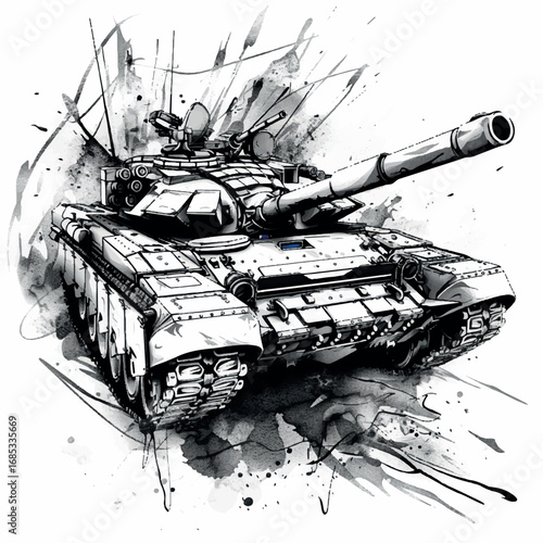 illustration, vector, tank, military, army, war, gun, vehicle, battle, weapon, armored, cannon, isolated, heavy, green, armed, armor, machine, turret, track, camouflage, old, power, forces, model, arm