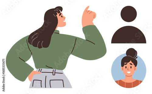 Woman pointing upward with confidence alongside silhouette and avatar profile icons. Ideal for communication, leadership, representation, personal branding, user profiles, decision-making, identity