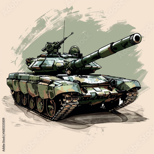illustration, vector, tank, military, army, war, gun, vehicle, battle, weapon, armored, cannon, isolated, heavy, green, armed, armor, machine, turret, track, camouflage, old, power, forces, model, arm