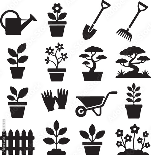 Gardening icons with plants tools and fence in silhouette watering can shovel