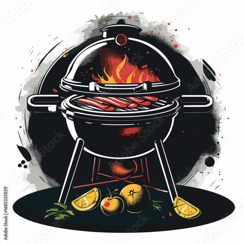 food, grill, barbecue, fire, meat, cooking, bbq, barbeque, flame, meal, hot, grilled, grilling, cook, dinner, steak, picnic, summer, chicken, eat, beef, fresh, coal, fish, heat illustration, vector