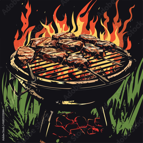 food, grill, barbecue, fire, meat, cooking, bbq, barbeque, flame, meal, hot, grilled, grilling, cook, dinner, steak, picnic, summer, chicken, eat, beef, fresh, coal, fish, heat illustration, vector