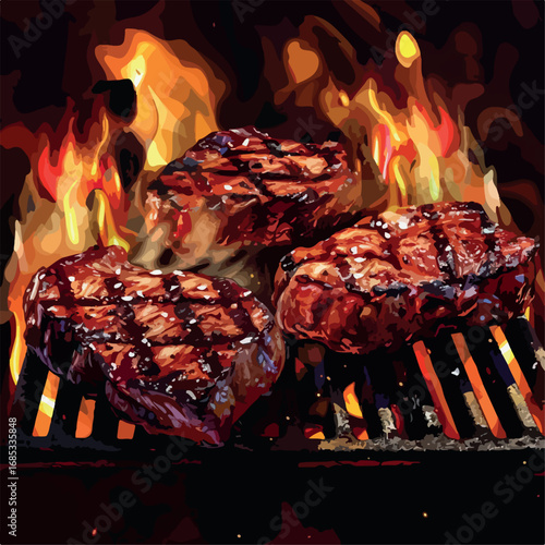 food, grill, barbecue, fire, meat, cooking, bbq, barbeque, flame, meal, hot, grilled, grilling, cook, dinner, steak, picnic, summer, chicken, eat, beef, fresh, coal, fish, heat illustration, vector