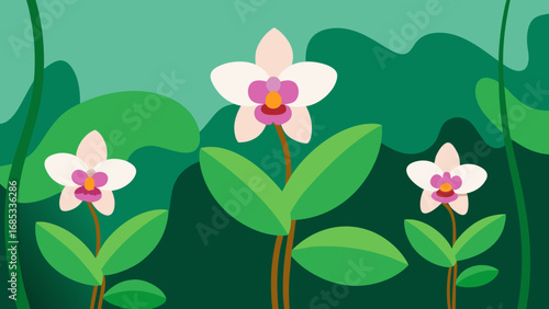 Exotic Orchids Blooming in Rainforest Nature Vector Illustration Tropical Flora