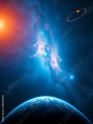 osmic abstract background with swirling galaxies and stars, planet earth in the foreground, blue and orange colors, bright light rays from sun