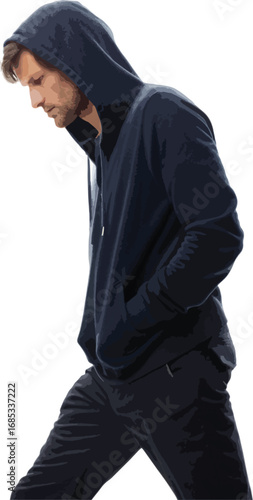 man in a hoodie walking with hands in pockets.