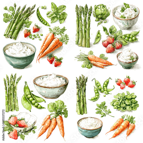 Watercolor illustration of fresh vegetables, herbs, and dairy bowls including carrots, asparagus, peas, basil, and strawberries. Perfect for healthy food and organic lifestyle designs.