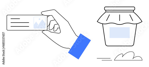 Hand holding customizable label near a covered glass jar, emphasizing product branding, marketing, packaging, identity design. Ideal for labeling, customization, advertising, crafts education