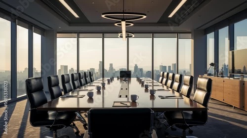 A modern and empty corporate boardroom with a long table and chairs overlooking a city skyline, representing a concept of business meetings, corporate strategy, and financial negotiations
