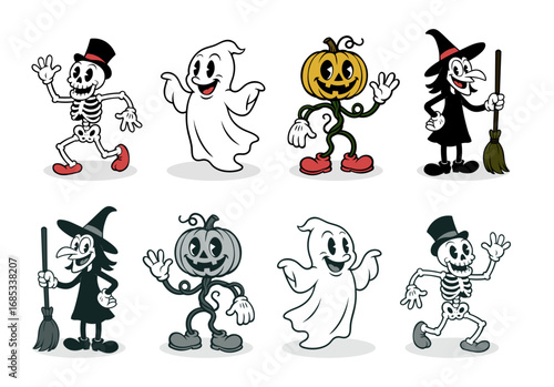 Retro Halloween Cartoon Characters in 1930s Rubber Hose Style - Set 2