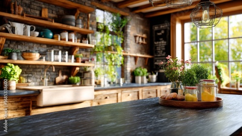 Wallpaper Mural Cozy farmhouse style kitchen featuring a textured dark wood table for product display and mockup. Warmly lit interior with natural wood cabinetry. Torontodigital.ca