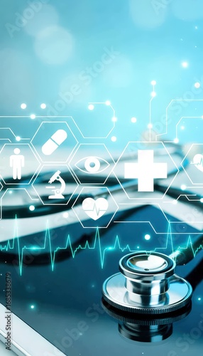 Healthcare Technology Background with Stethoscope and Medical Icons