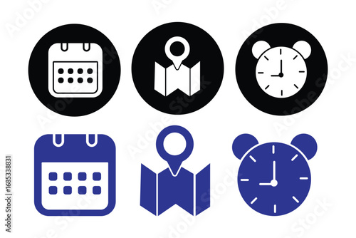 Time, date and address icon set. Calendar, clock, location. Editable stroke. Linear vector outline illustration. Vector illustration.