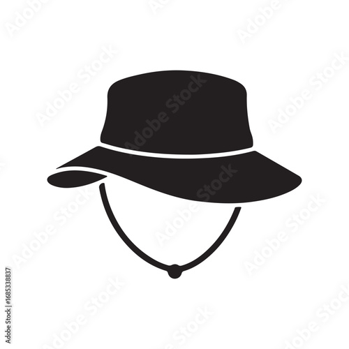 Black bucket hat vector icon with adjustable chin strap flat design summer headwear for outdoor activities and sun protection fashion accessory