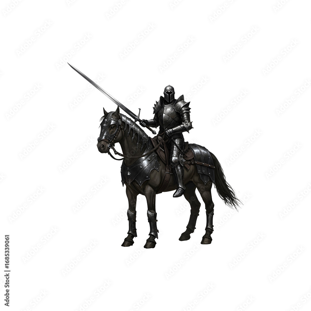 Fototapeta premium Dark Knight Riding Horse – Medieval Warrior with Sper for Gothic Fantasy, Combat, Horror Scenes and Hallween Art