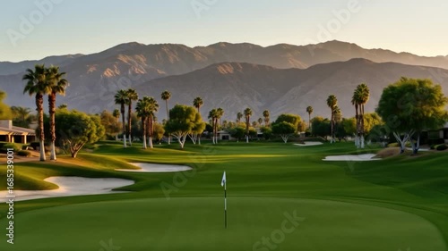 Scenic golf course view with distant mountains and lush green fairway