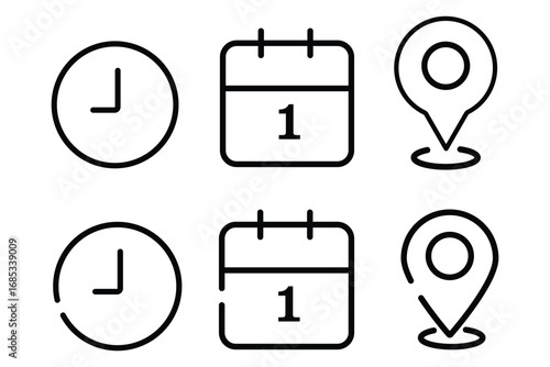 Time, date and address icon set. Calendar, clock, location. Editable stroke. Linear vector outline illustration. Vector illustration.