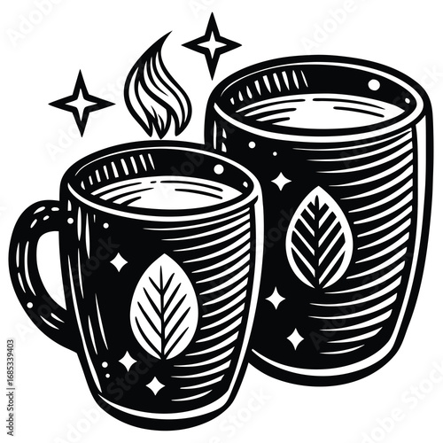 An illustrated vector design of a hot cup of coffee, a beverage with steam and a saucer