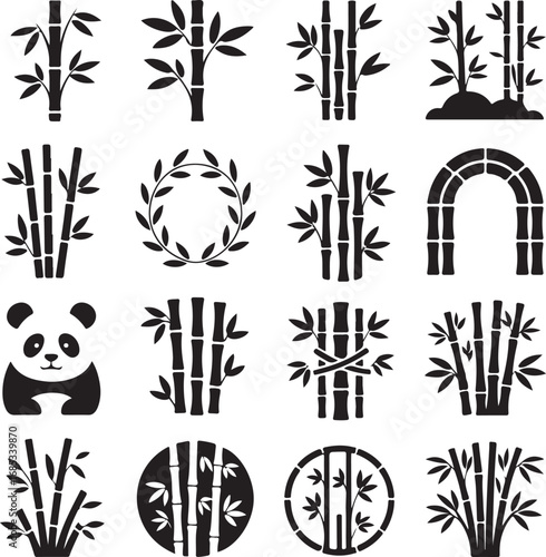 Bamboo plant icons and panda silhouette on white background Keywords: bamboo, plant, stalk, leaf