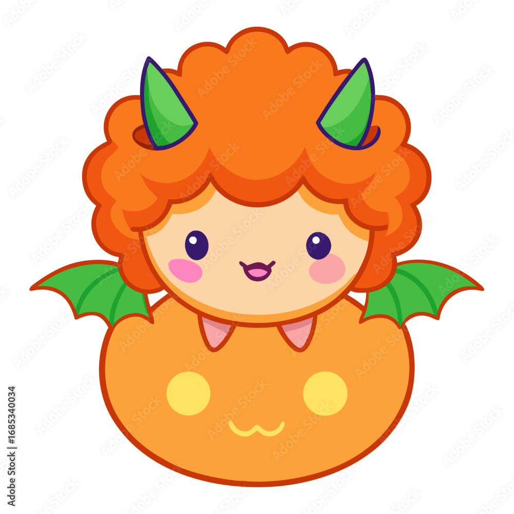 Fototapeta premium Adorable kawaii pumpkin bat character with green wings and horns